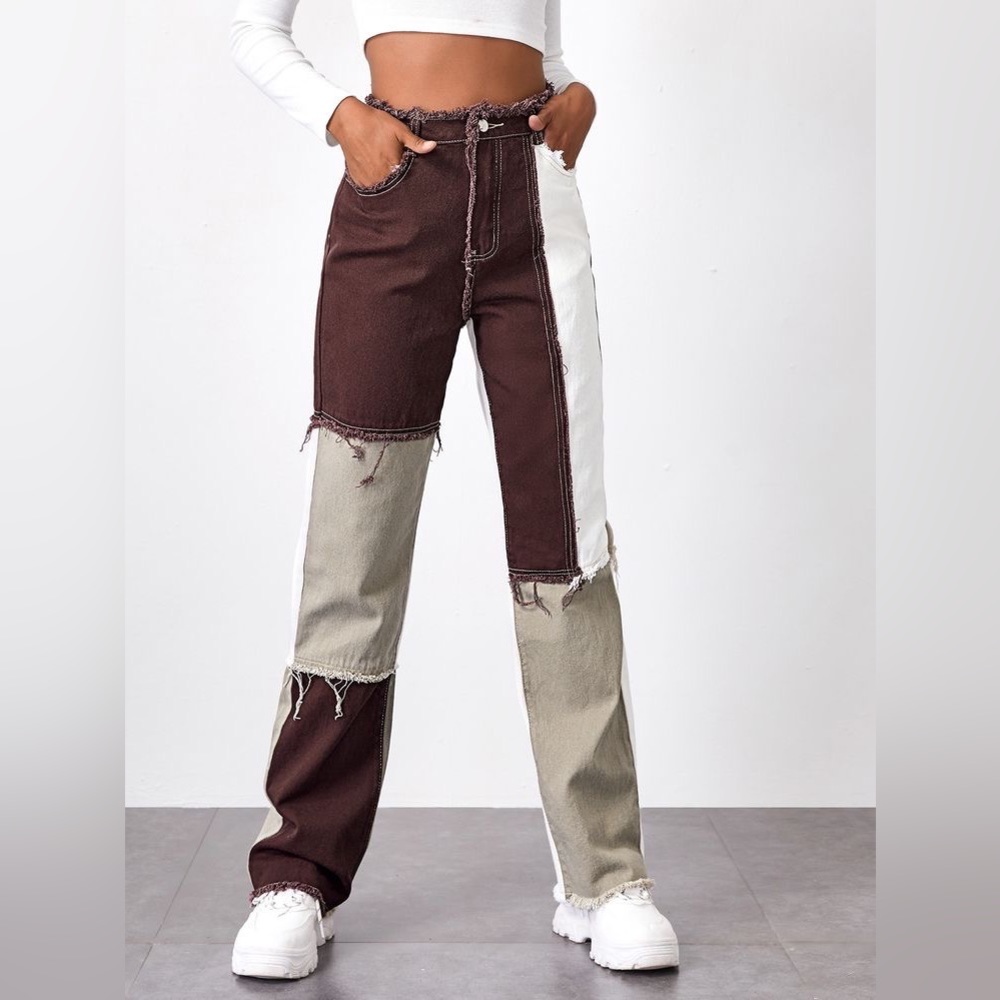 🤎SHEIN High Waist Cut And Sew Straight Leg Jeans🤎